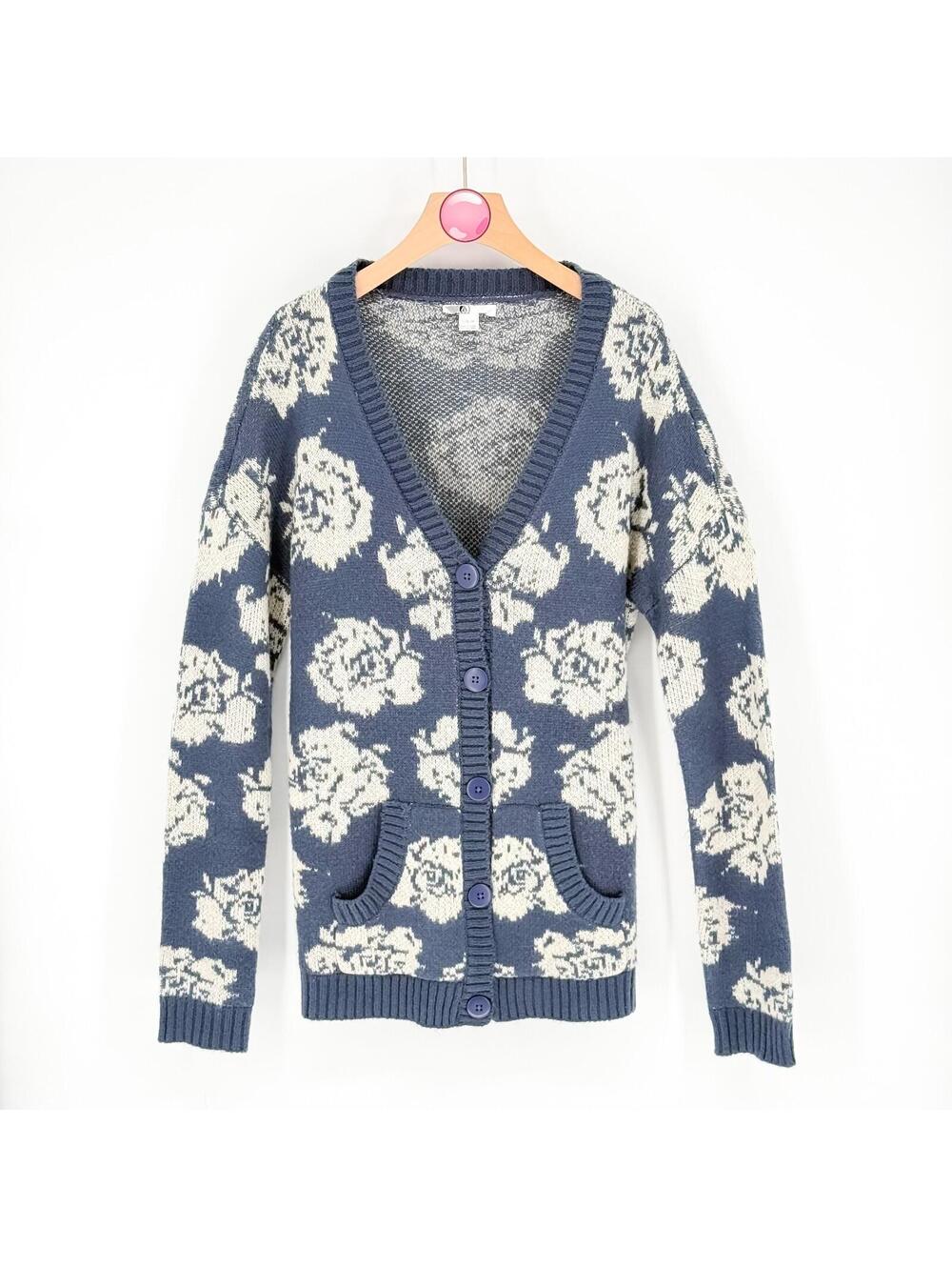 Volcom Hunny Bunny Cardigan Blue Floral Knit Button‎ Sweater Women's Large
